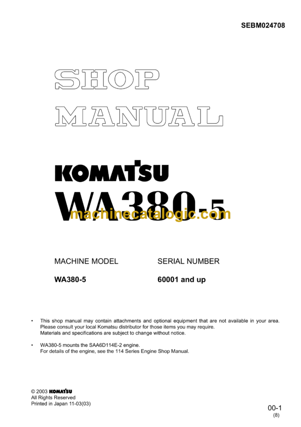 Komatsu WA380-5 Wheel Loader Shop Manual (SEBM024708)