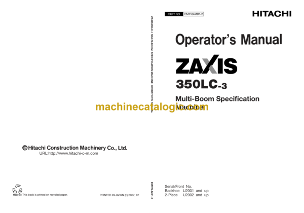 Hitachi ZX350LC-3 Multi-Boom Specification Machine Operator's Manual (EM1V9-MB1-2)