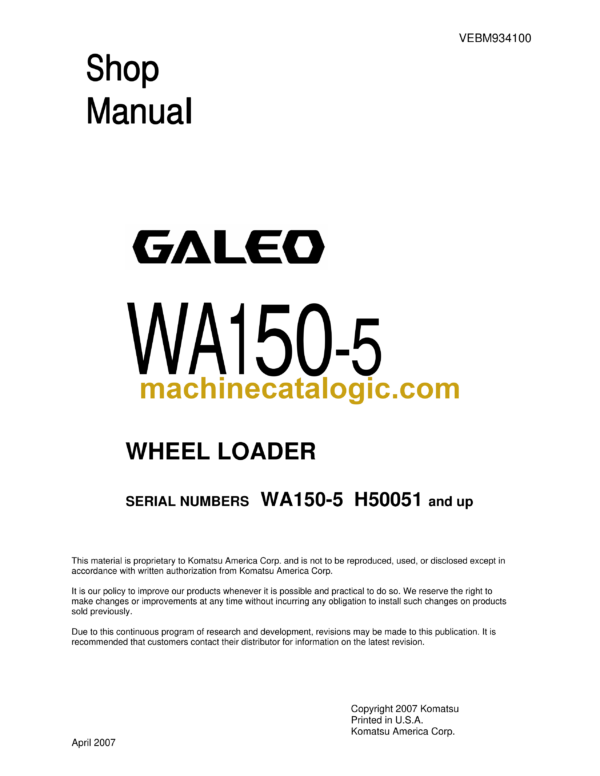 Komatsu WA150-5 Galeo Wheel Loader Shop Manual (VEBM934100)