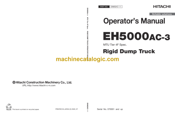 Hitachi EH5000AC-3 MTU Tier 4 Final Rigid Dump Truck Operator's Manual (ENMQHC-1-1)