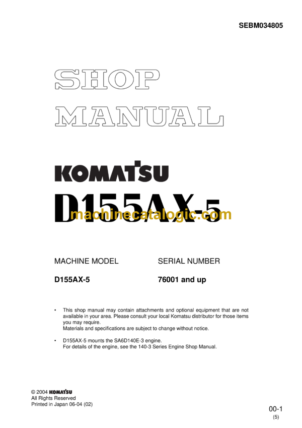 Komatsu D155AX-5 Bulldozer Shop Manual (SEBM034805)