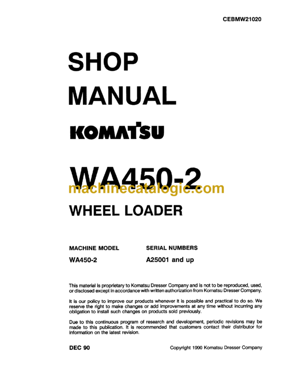 Komatsu WA450-2 Wheel Loader Shop Manual (CEBMW21020)