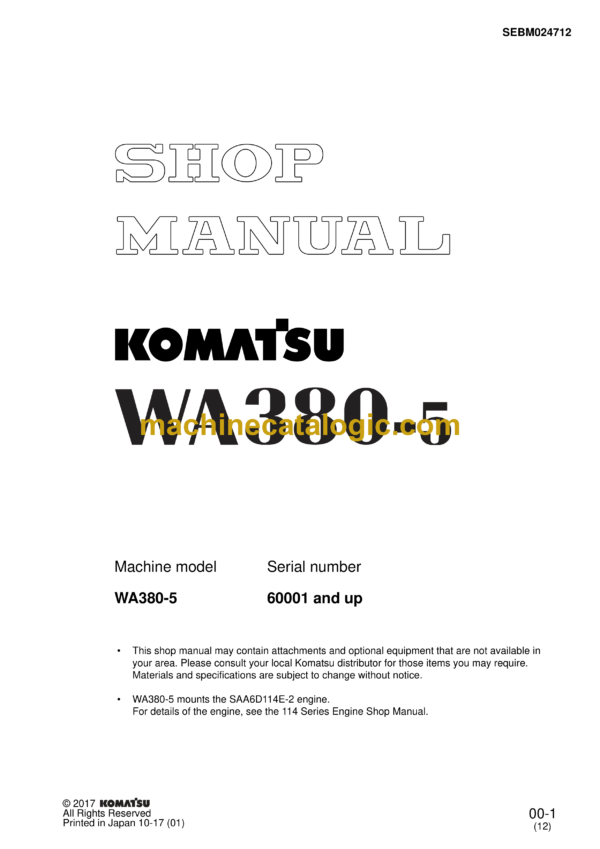 Komatsu WA380-5 Wheel Loader Shop Manual (SEBM024712)