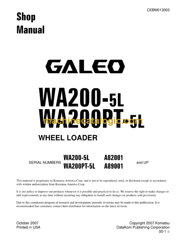 Komatsu WA200-5L, WA200PT-5L Wheel Loader Shop Manual (CEBM013003)