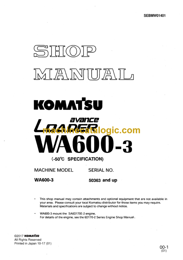 Komatsu WA600-3 Avance Loader Wheel Loader Shop Manual (SEBMW01401)