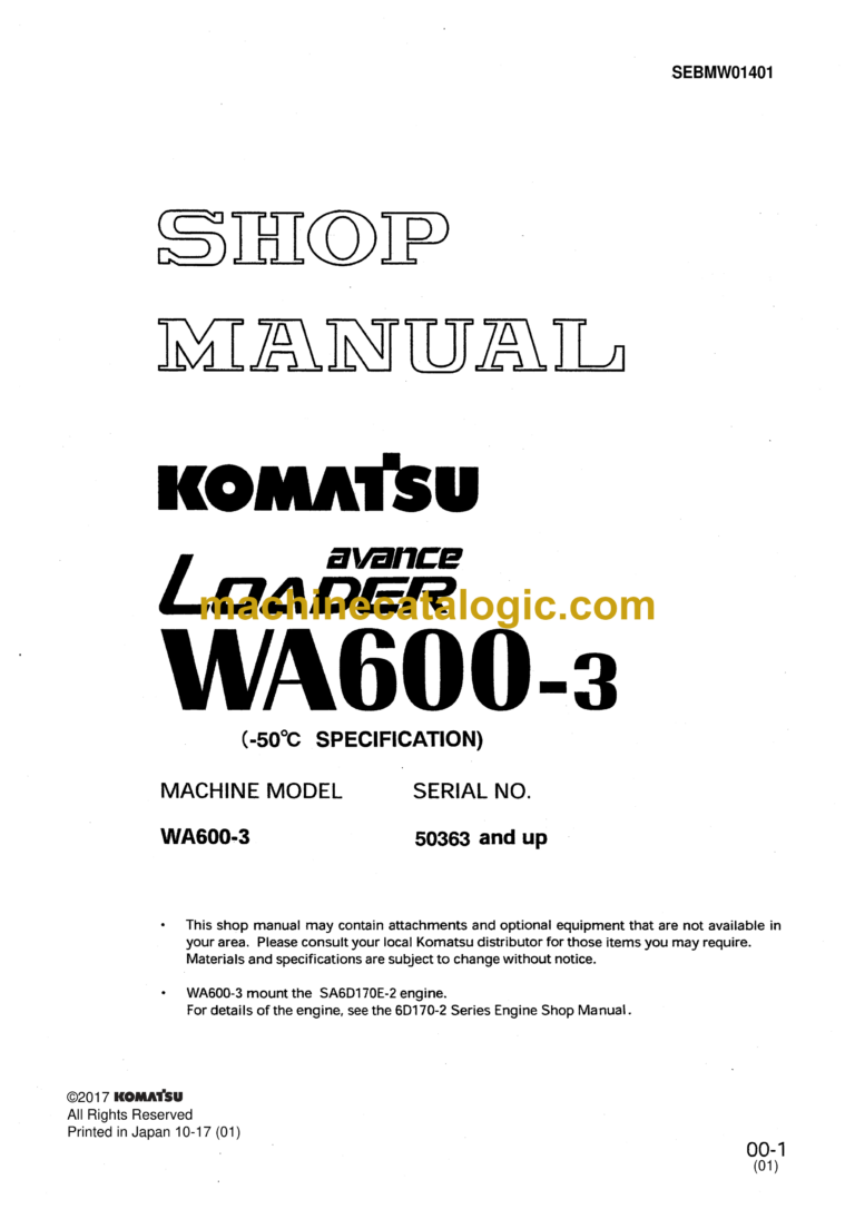 Komatsu WA600-3 Avance Loader Wheel Loader Shop Manual (SEBMW01401)