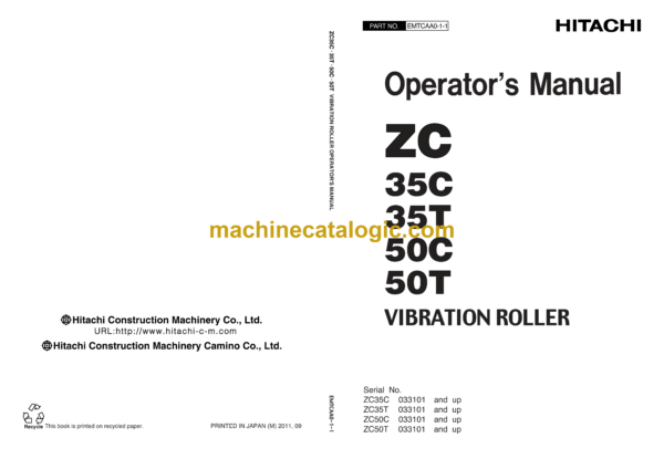 Hitachi ZC35C, ZC35T, ZC50C, ZC50T Vibration Roller Operator's Manual (EMTCAA0-1-1)