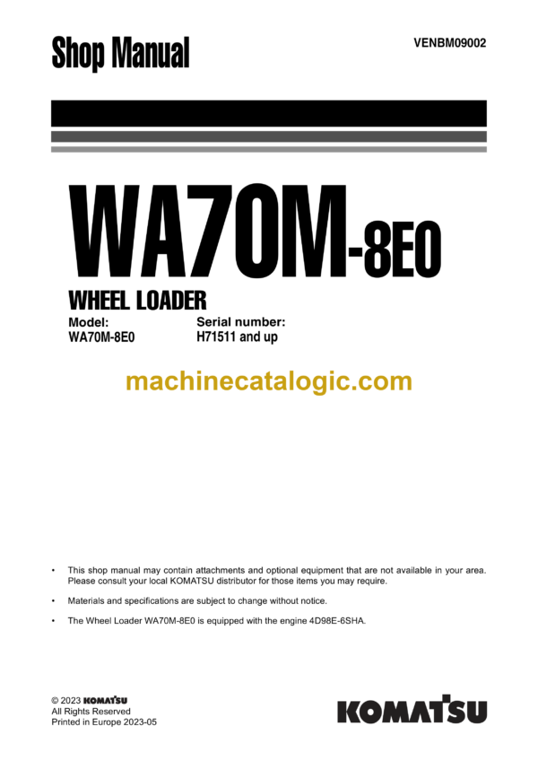 Komatsu WA70M-8E0 Wheel Loader Shop Manual (VENBM09002)