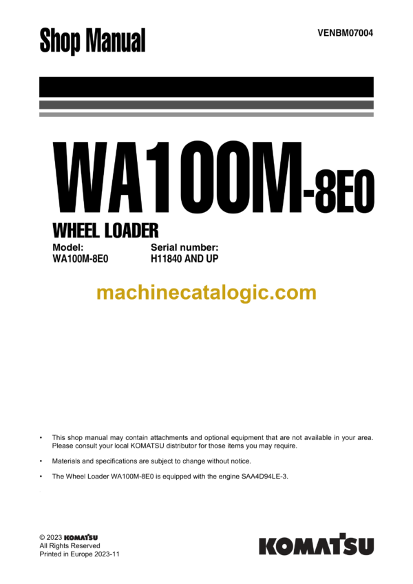 Komatsu WA100M-8E0 Wheel Loader Shop Manual (VENBM07004)