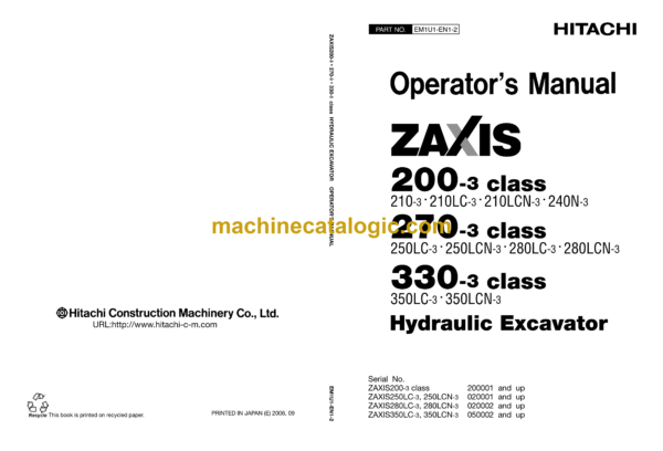 Hitachi ZX210-3,ZX250-3,ZX280-3,ZX350-3 Operator's Manual (EM1U1-EN1-1, EM1U1-EN1-2)