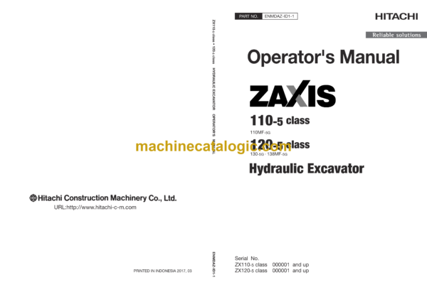 Hitachi ZX110-5G and ZX120-5G Excavator Operator's Manual (ENMDAZ-ID1-1)