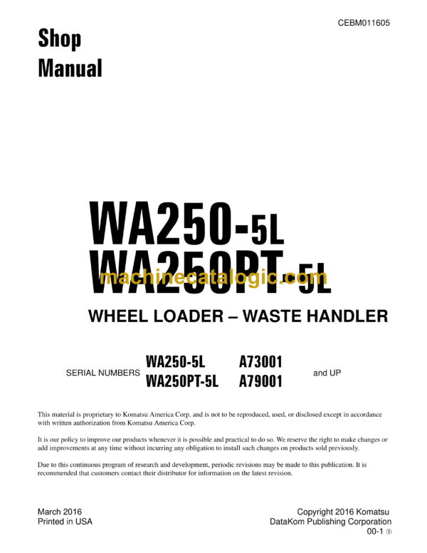 Komatsu WA250-5L, WA250PT-5L Wheel Loader Waste Handler Shop Manual (CEBM011605)