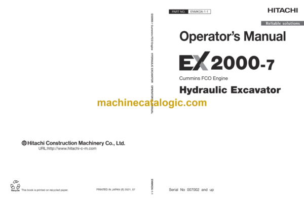 Hitachi EX2000-7 Cummins FCO Engine Hydraulic Excavator Operator's Manual (ENMKDA-1-1)