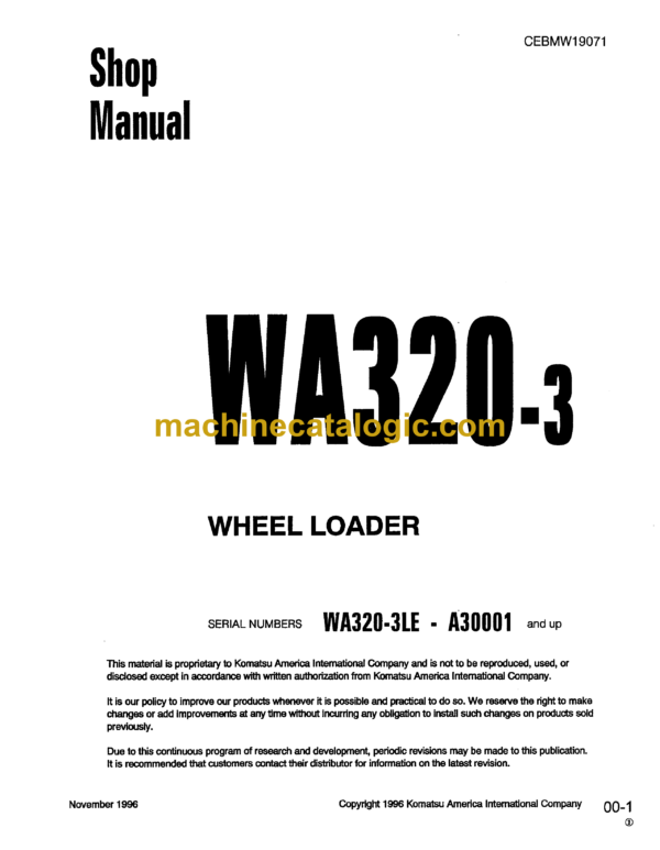 Komatsu WA320-3 Wheel Loader Shop Manual (CEBMW19071)