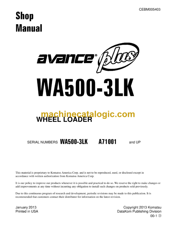 Komatsu WA500-3LK Avance Plus Wheel Loader Shop Manual (CEBM005403)