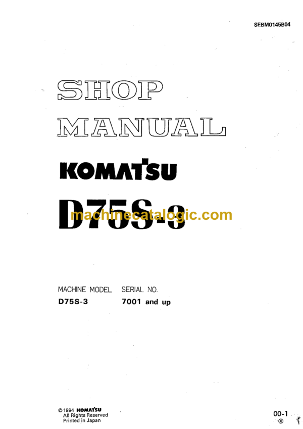 Komatsu D75S-3 Bulldozer Shop Manual (SEBM0145B04)