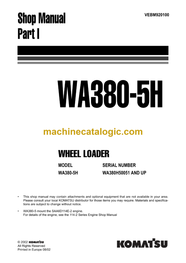 Komatsu WA380-5H Wheel Loader Shop Manual (VEBM920100)