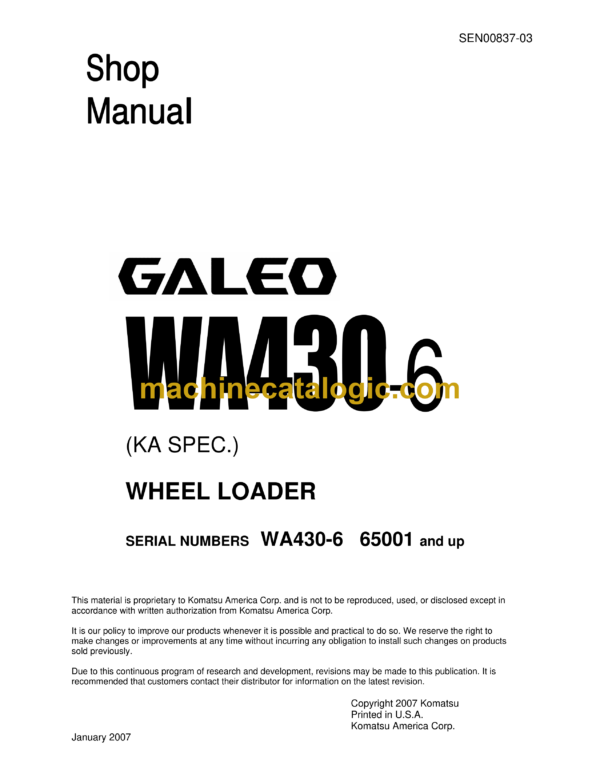 Komatsu WA430-6 Galeo Wheel Loader Shop Manual (SEN00837-03)