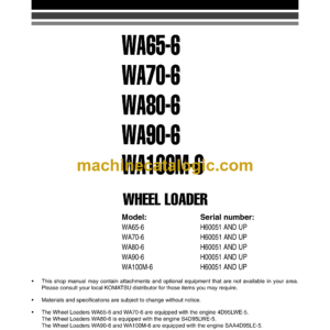 Komatsu WA65-6, WA70-6, WA80-6, WA90-6, WA100M-6 Wheel Loader Shop Manual (VEBM550101)