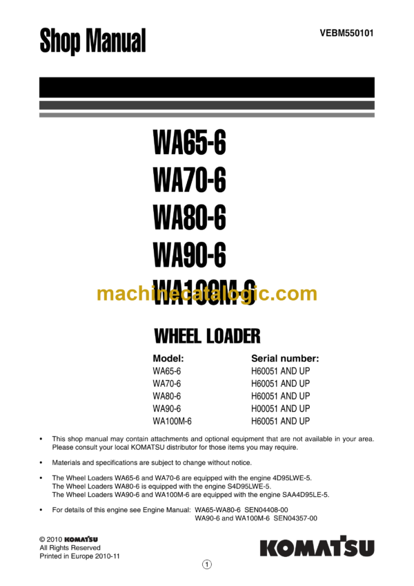 Komatsu WA65-6, WA70-6, WA80-6, WA90-6, WA100M-6 Wheel Loader Shop Manual (VEBM550101)