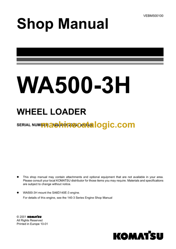 Komatsu WA500-3H Wheel Loader Shop Manual (VEBM500100)