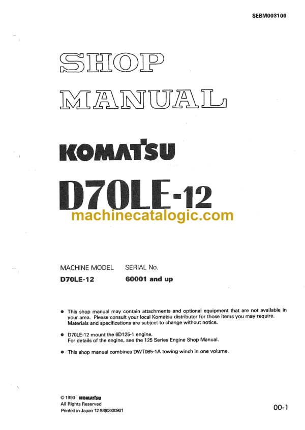 Komatsu D70LE-12 Bulldozer Shop Manual (SEBM003100)