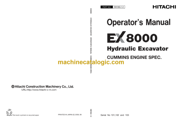 Hitachi EX8000 Hydraulic Excavator CUMMINS ENGINE SPEC. Operator's Manual (EM18G-1-2)