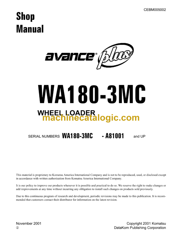 Komatsu WA180-3MC Avance Plus Wheel Loader Shop Manual (CEBM005002)