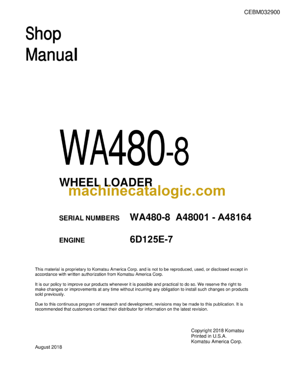 Komatsu WA480-8 Wheel Loader Shop Manual (CEBM032900)