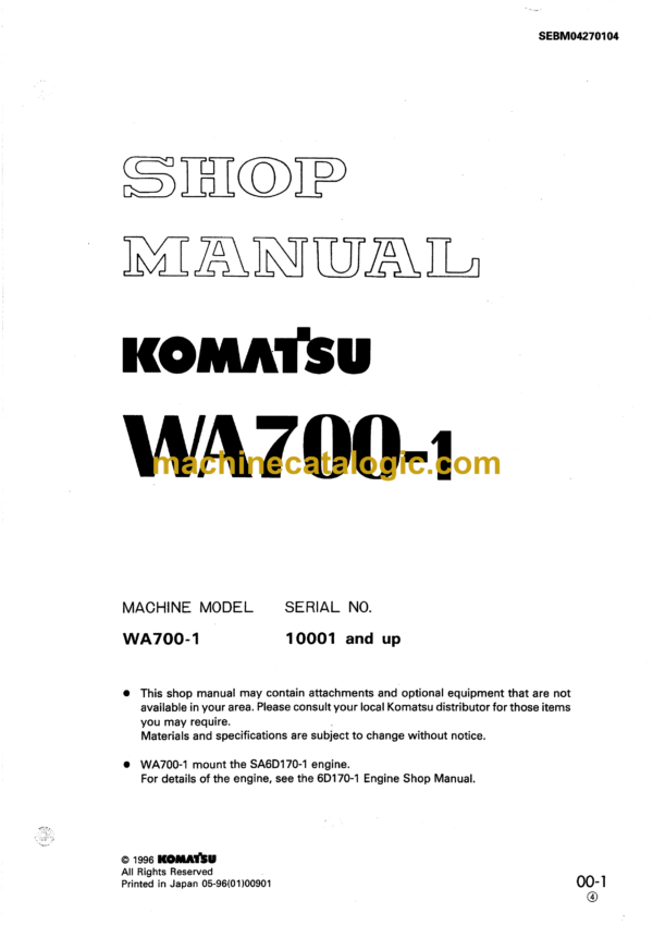 Komatsu WA700-1 Wheel Loader Shop Manual (SEBM04270104)