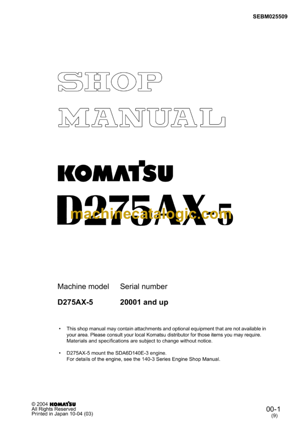 Komatsu D275AX-5 Bulldozer Shop Manual (SEBM025509)