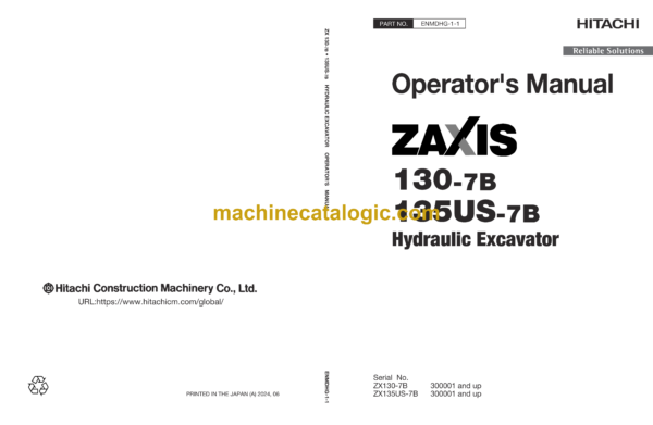 Hitachi ZX130-7B, ZX135US-7B Hydraulic Excavator Operator's Manual (ENMDHG-1-1)