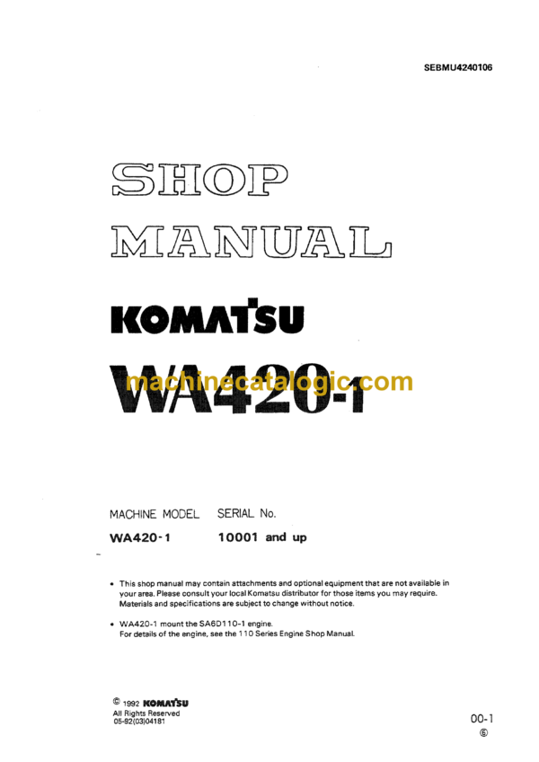 Komatsu WA420-1 Wheel Loader Shop Manual (SEBMU4240106)