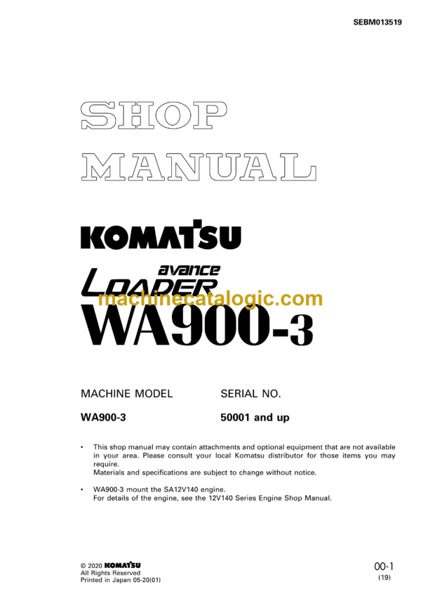 Komatsu WA900-3 Wheel Loader Shop Manual (SEBM013519)