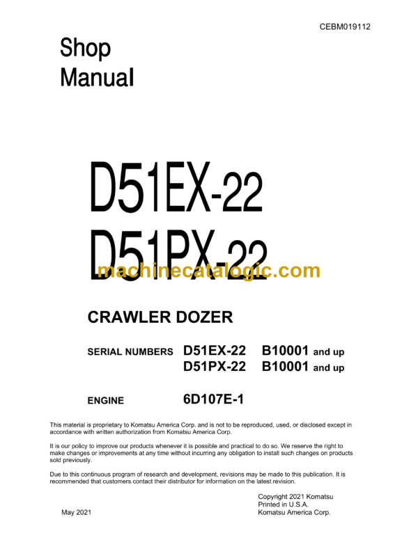 Komatsu D51EX-22, D51PX-22 Crawler Dozer Shop Manual (CEBM019112)