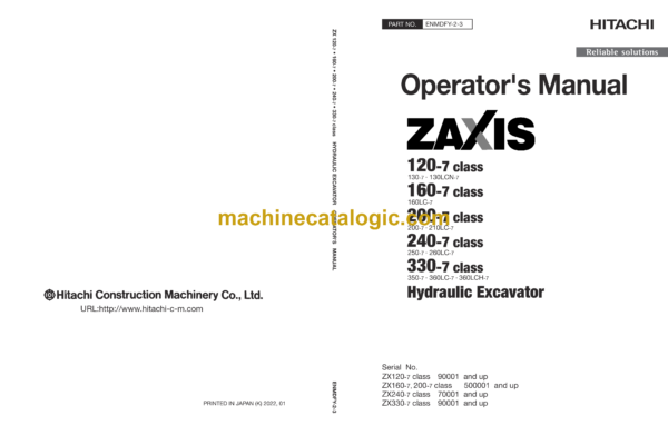 Hitachi ZX120-7, ZX160-7, ZX200-7, ZX240-7, 330-7 class Hydraulic Excavator Operator's Manual (ENMDFY-2-3, ENMDFY-2-4)