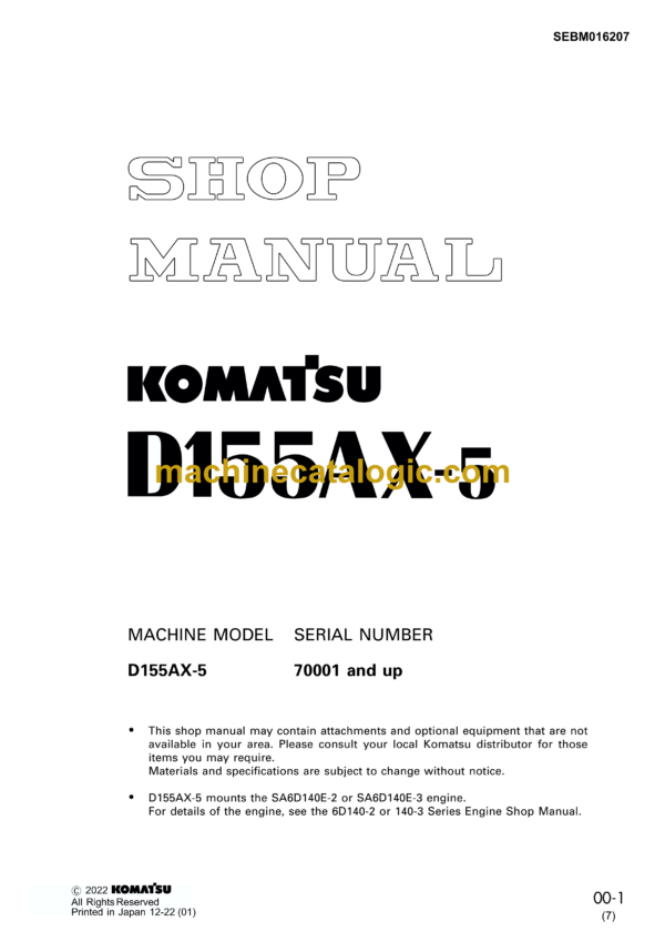 Komatsu D155AX-5 Bulldozer Shop Manual (SEBM016207)