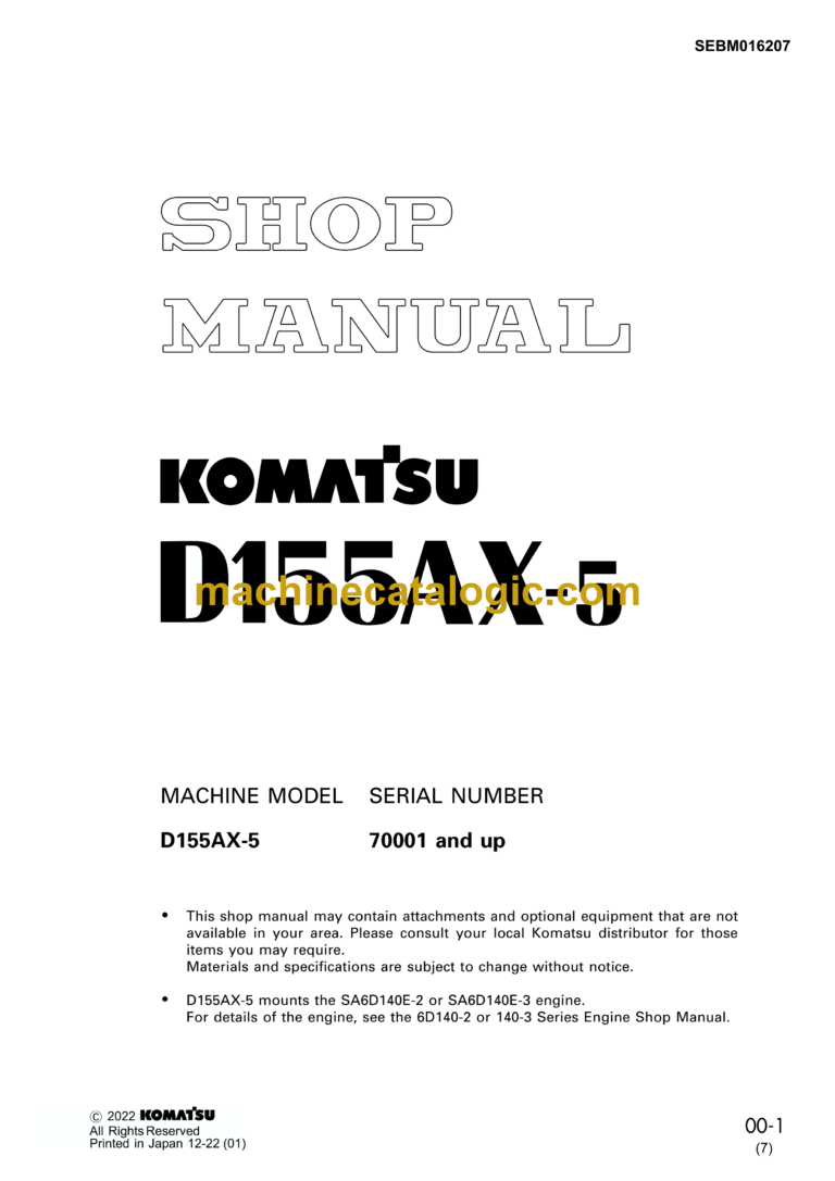 Komatsu D155AX-5 Bulldozer Shop Manual (SEBM016207)