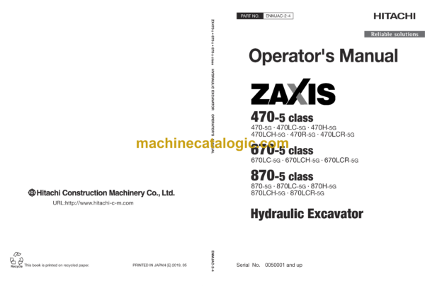 Hitachi ZX470-5G, ZX670-5G, ZX870-5G Hydraulic Excavator Operator's Manual (ENMJAC-2-4 to ENMJAC-2-7)