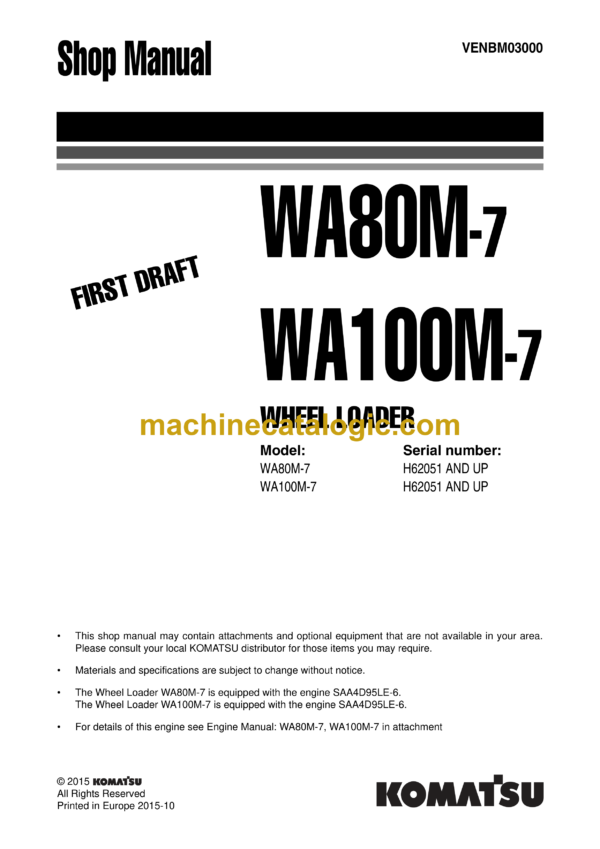 Komatsu WA80M-7, WA100M-7 Wheel Loader Shop Manual (VENBM03000)