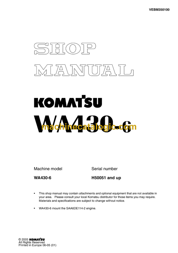 Komatsu WA430-6 Wheel Loader Shop Manual (VEBM350100)