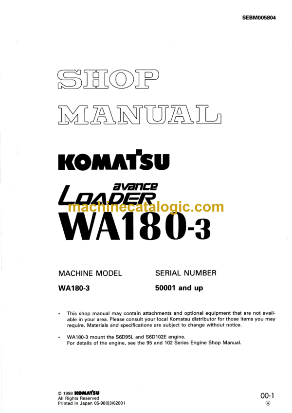 Komatsu WA180-3 Avance Loader Wheel Loader Shop Manual (SEBM005804)