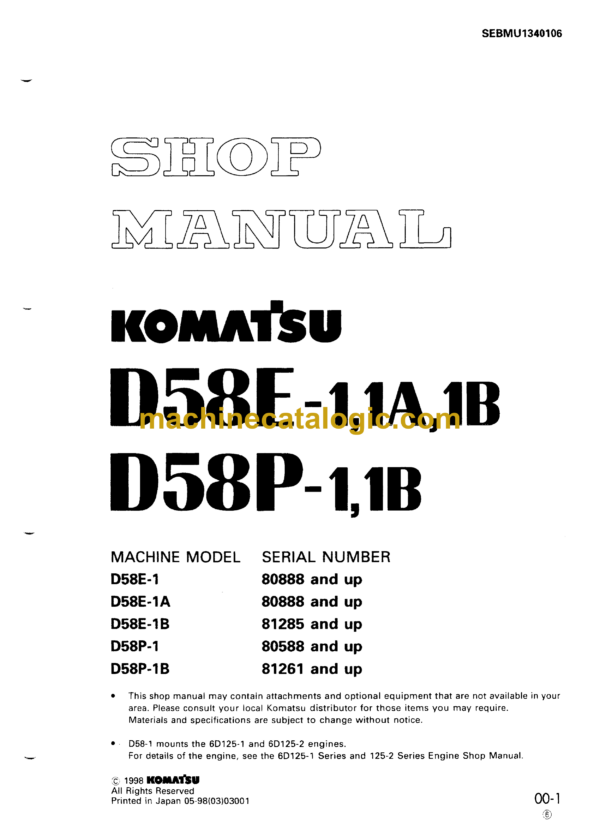 Komatsu D58E-1,1A,1B D58P-1,1B Bulldozer Shop Manual (SEBMU1340106)