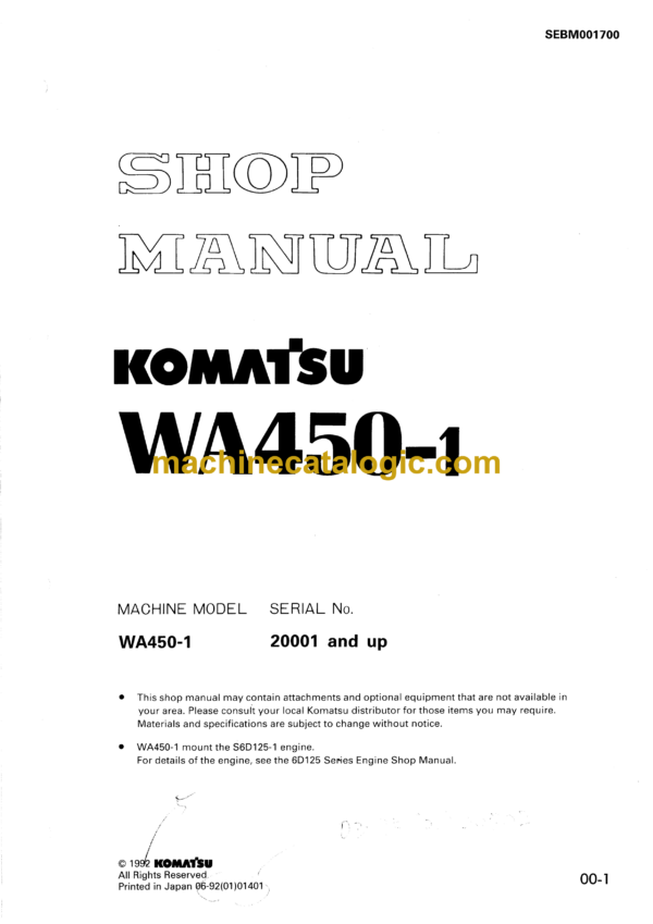 Komatsu WA450-1 Wheel Loader Shop Manual (SEBM001700)