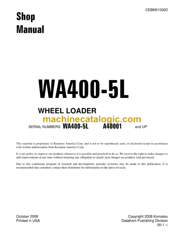 Komatsu WA400-5L Wheel Loader Shop Manual (CEBM010002)