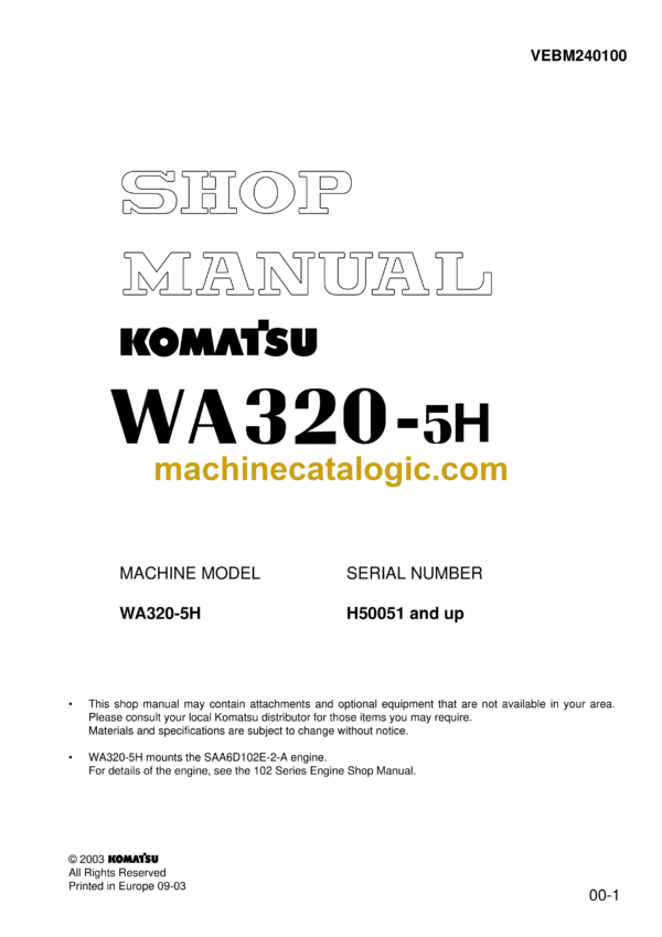 Komatsu WA320-5H Wheel Loader Shop Manual (VEBM240100)