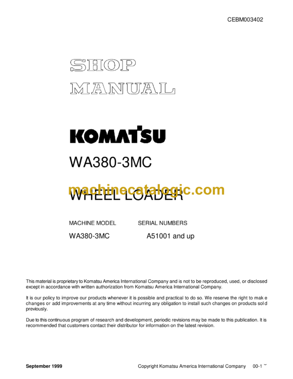 Komatsu WA380-3MC Wheel Loader Shop Manual (CEBM003402)