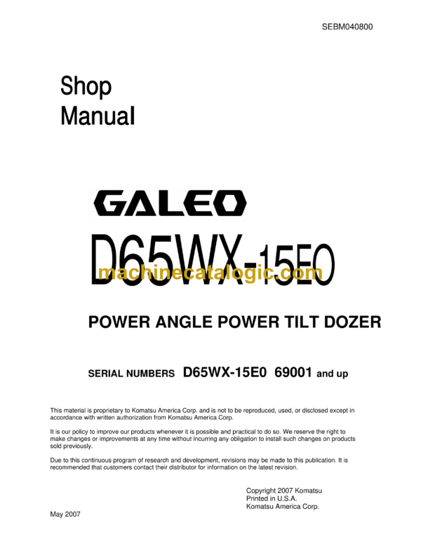 Komatsu D65WX-15E0 Galeo Bulldozer Shop Manual (SEBM040800)