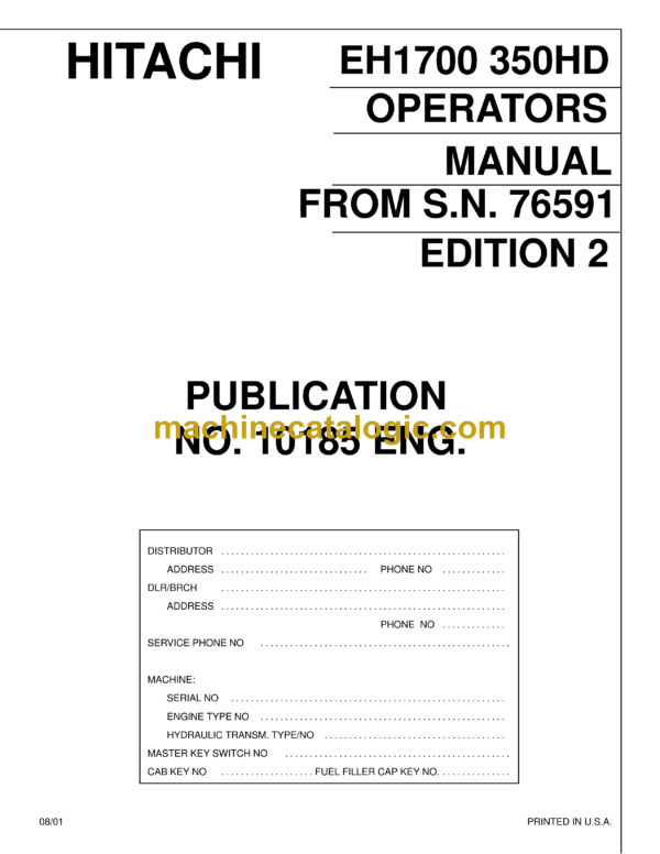 Hitachi EH1700 (350HD) Dump Truck Operator's Manual (10185ED2)