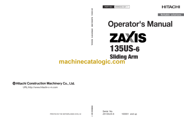 Hitachi ZX135US-6 Sliding Arm Operator's Manual (ENMDAS-SA1-1)